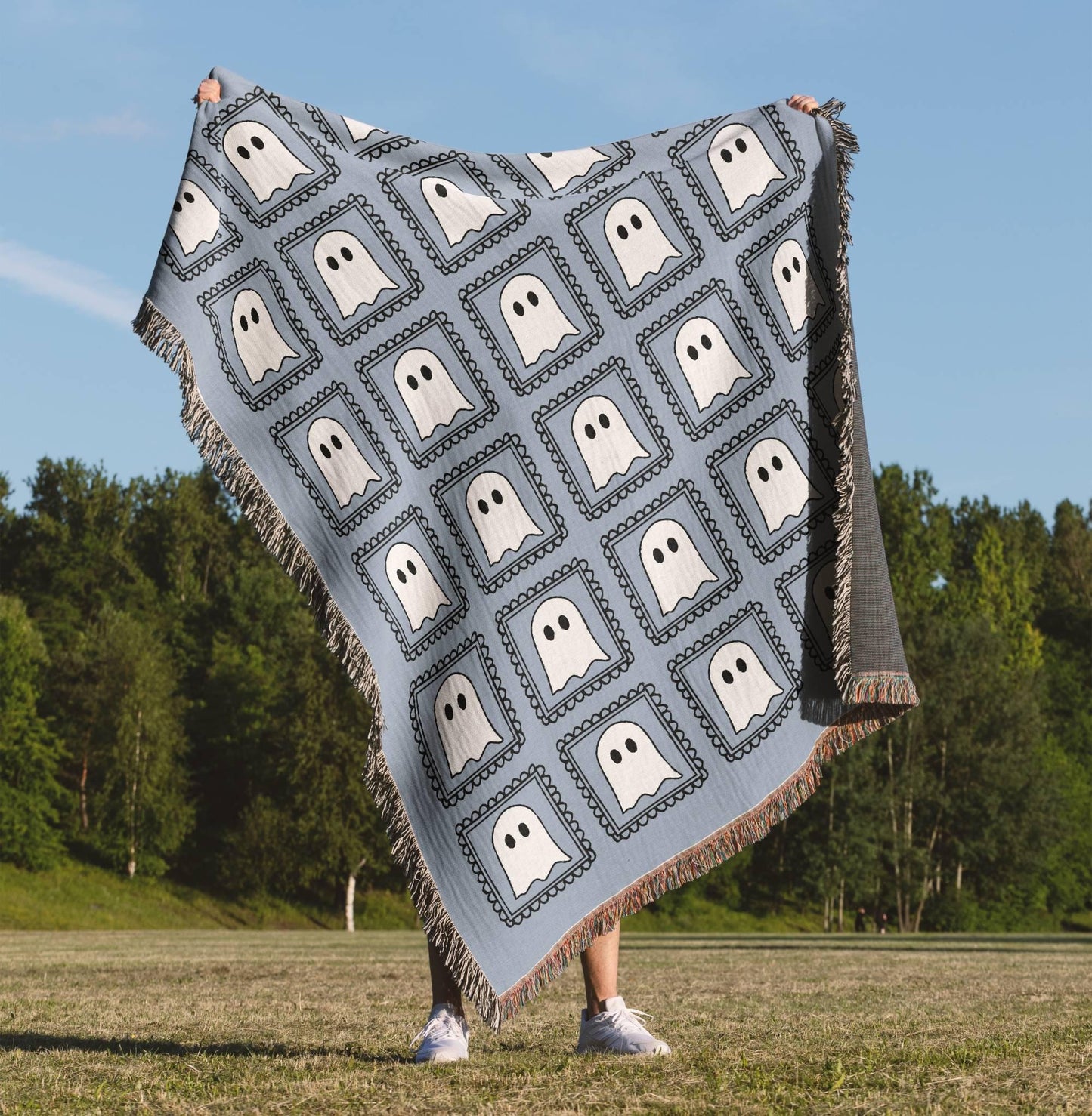 Blue Kawaii Ghost Woven Blanket