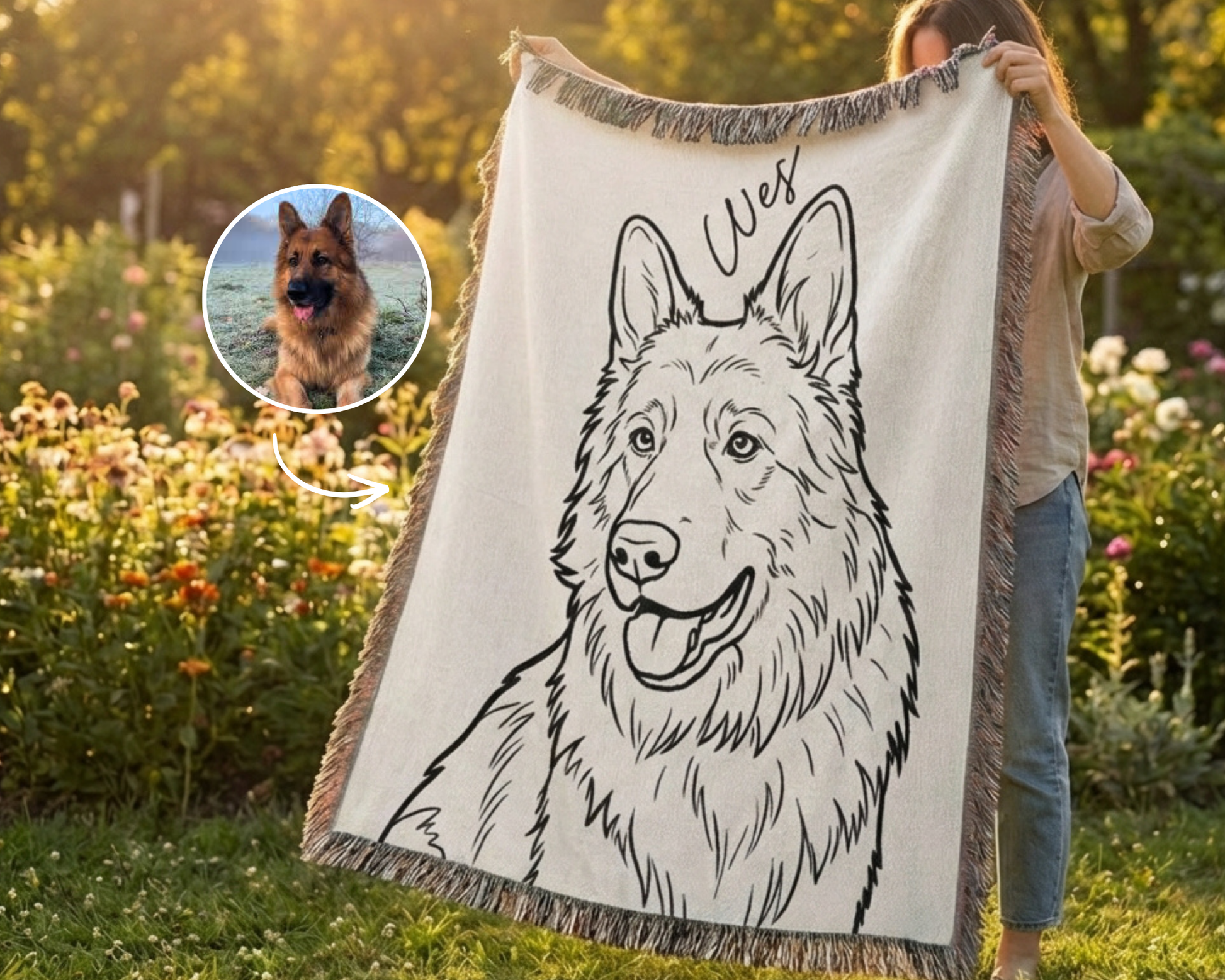 Close-up of woven cotton blanket showing hand-drawn pet portrait texture — not printed, woven into fabric