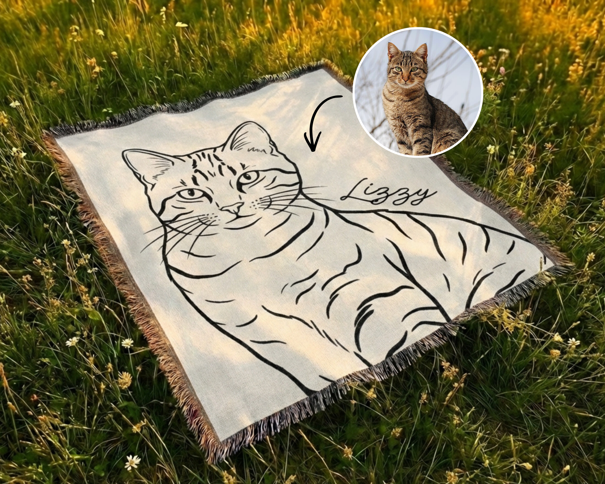 Custom cat portrait memorial blanket with reference photo — personalized hand-drawn woven pet loss gift