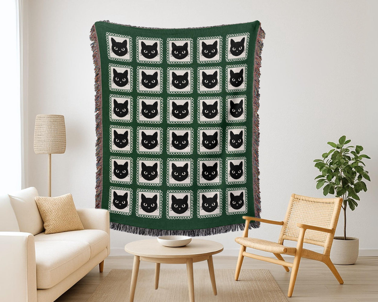 Green Black Cat Woven Blanket