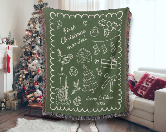 Green First Christmas Married Woven Blanket