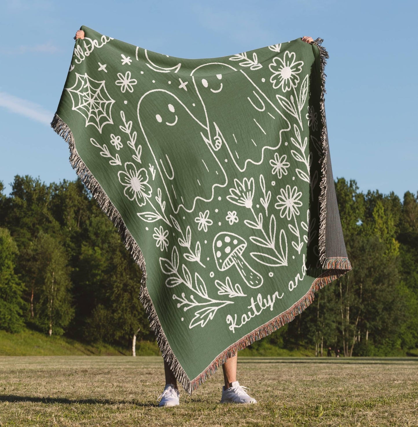 Custom Woven Halloween Blanket with Kawaii Ghost Couple