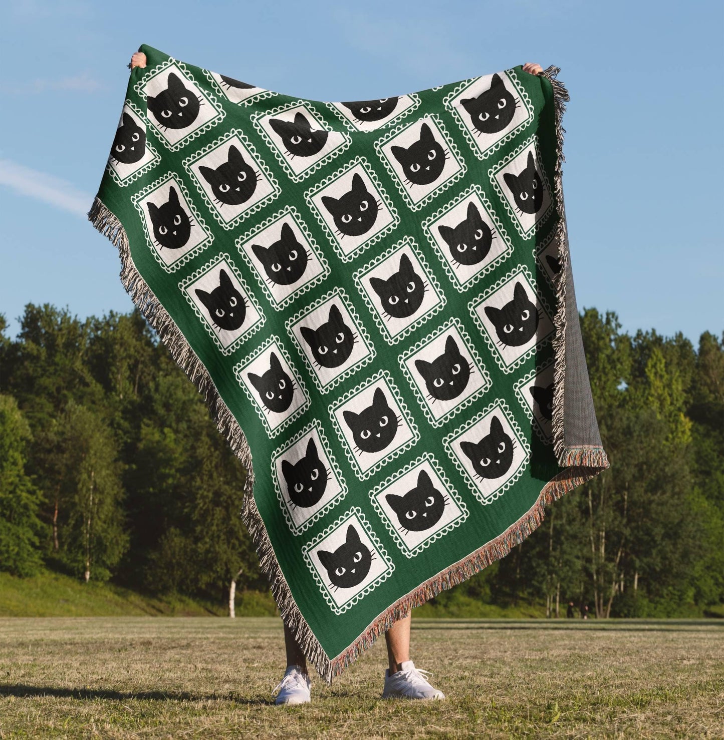 Green Black Cat Woven Blanket