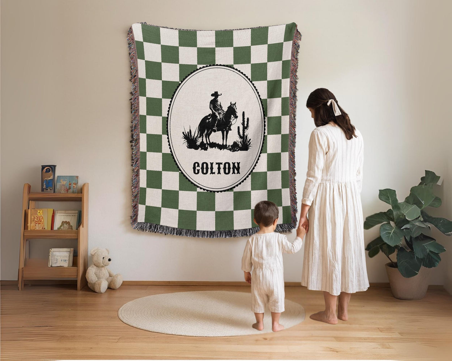 Green Cowboy Nursery Woven Blanket