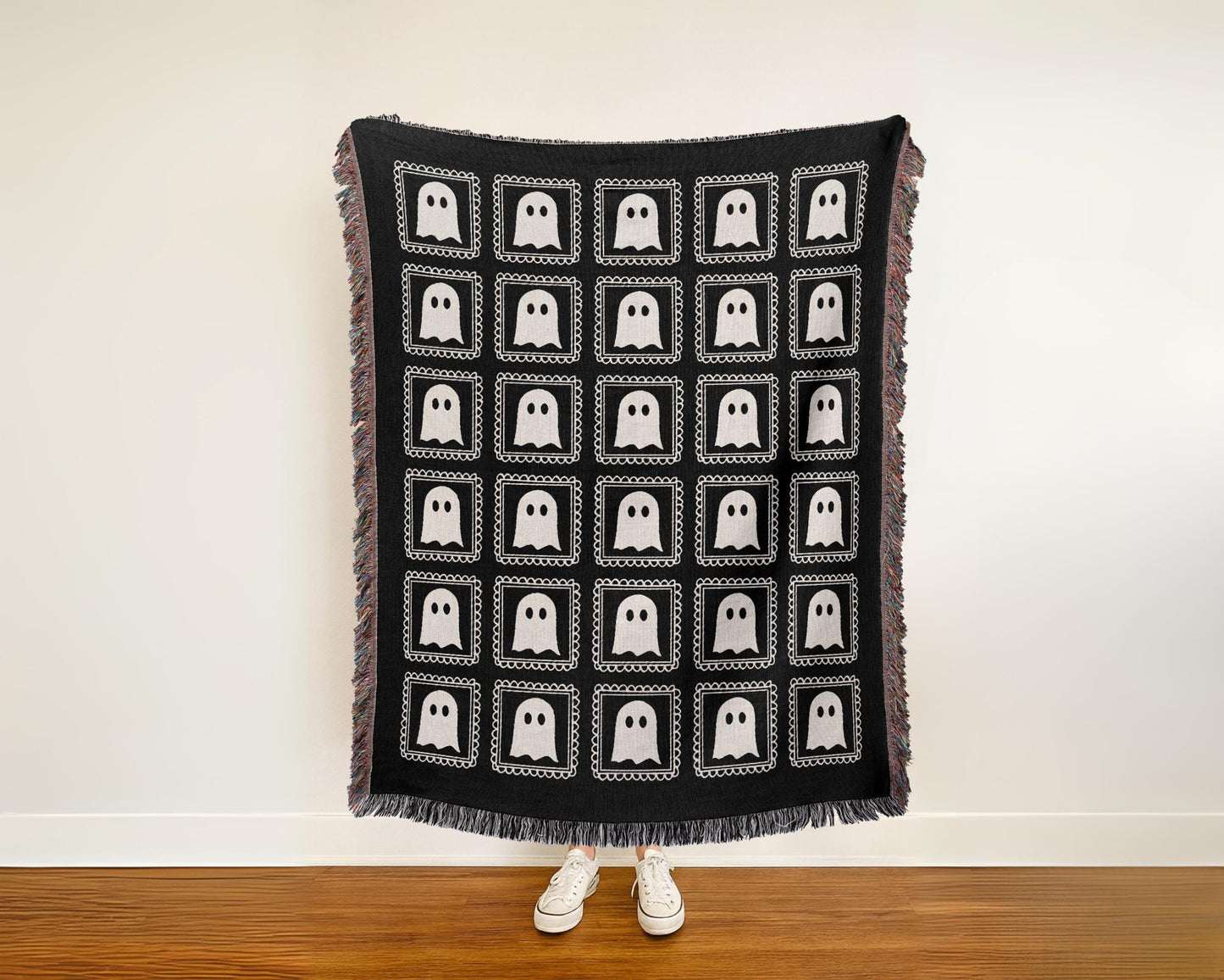 Black Halloween Ghost Woven Blanket