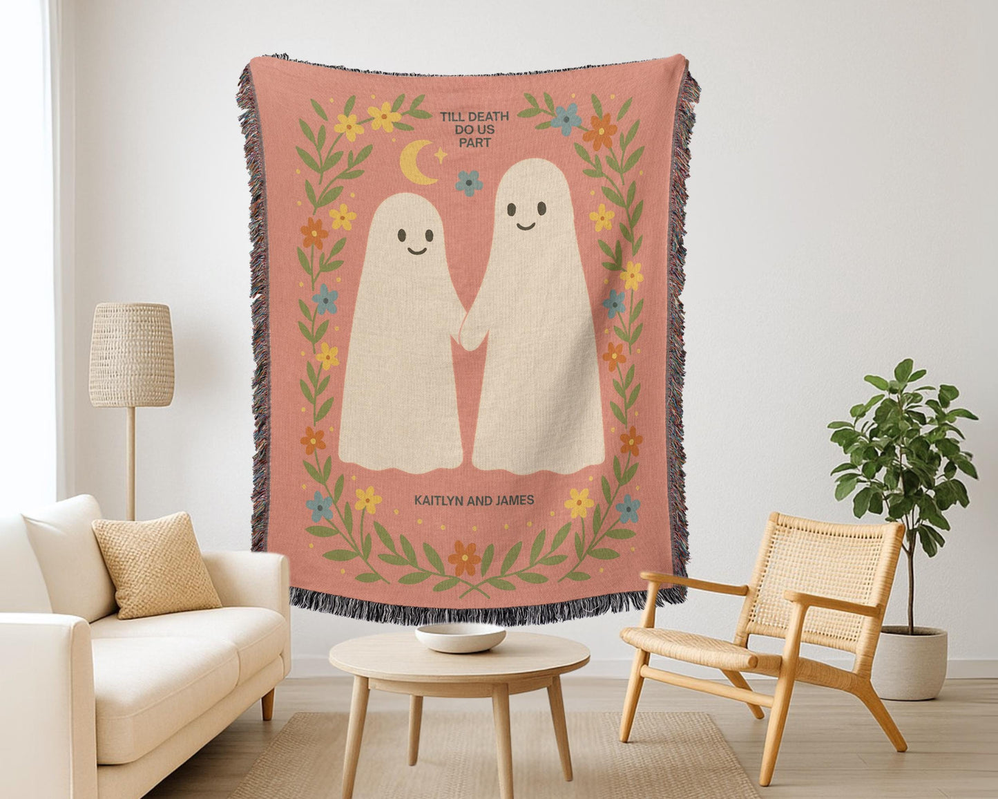 Personalized Halloween Woven Blanket with Cute Kawaii Ghosts
