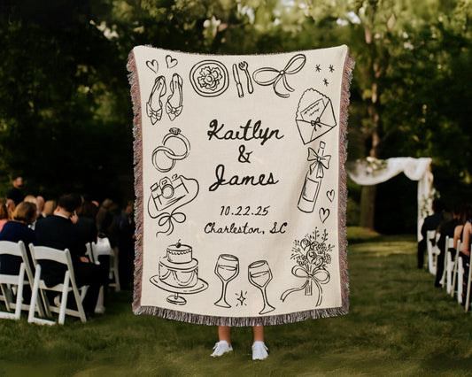 Custom Wedding Woven Cotton Blanket with Whimsical Doodle Drawings
