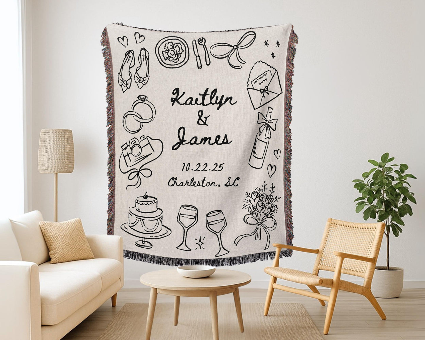 Custom Wedding Woven Cotton Blanket with Whimsical Doodle Drawings