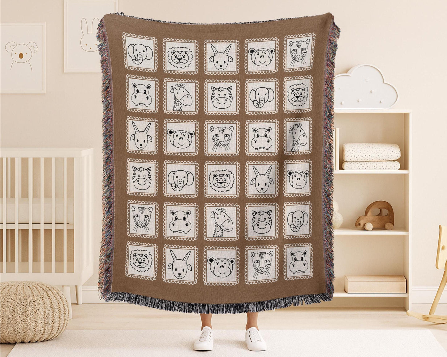 Brown Safari Animals Woven Blanket