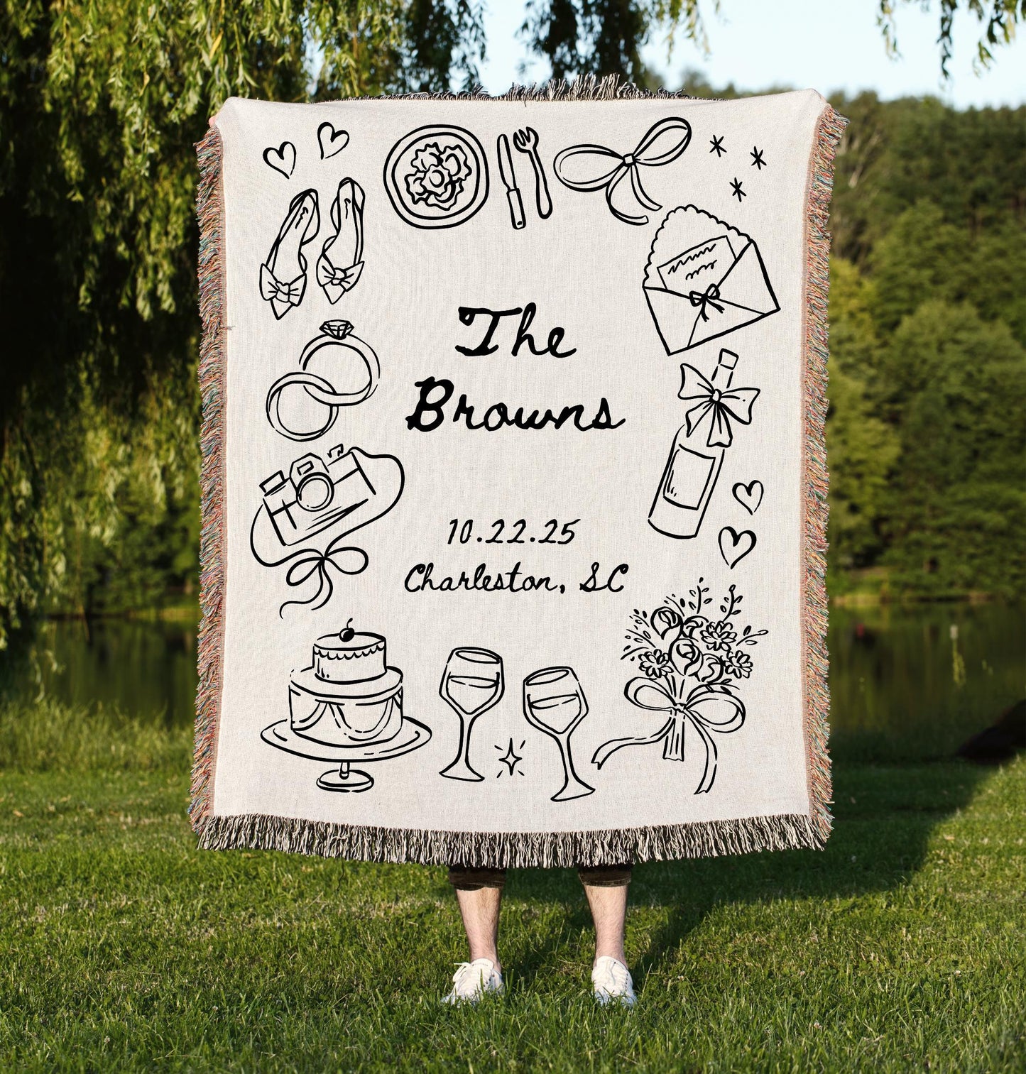 Custom Wedding Woven Cotton Blanket with Whimsical Doodle Drawings