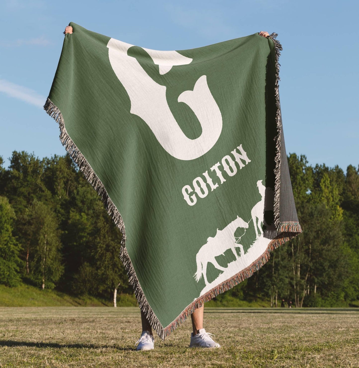 Green Cowboy Initial Woven Blanket