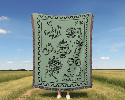 Sage Green Wedding Stamp Woven Blanket