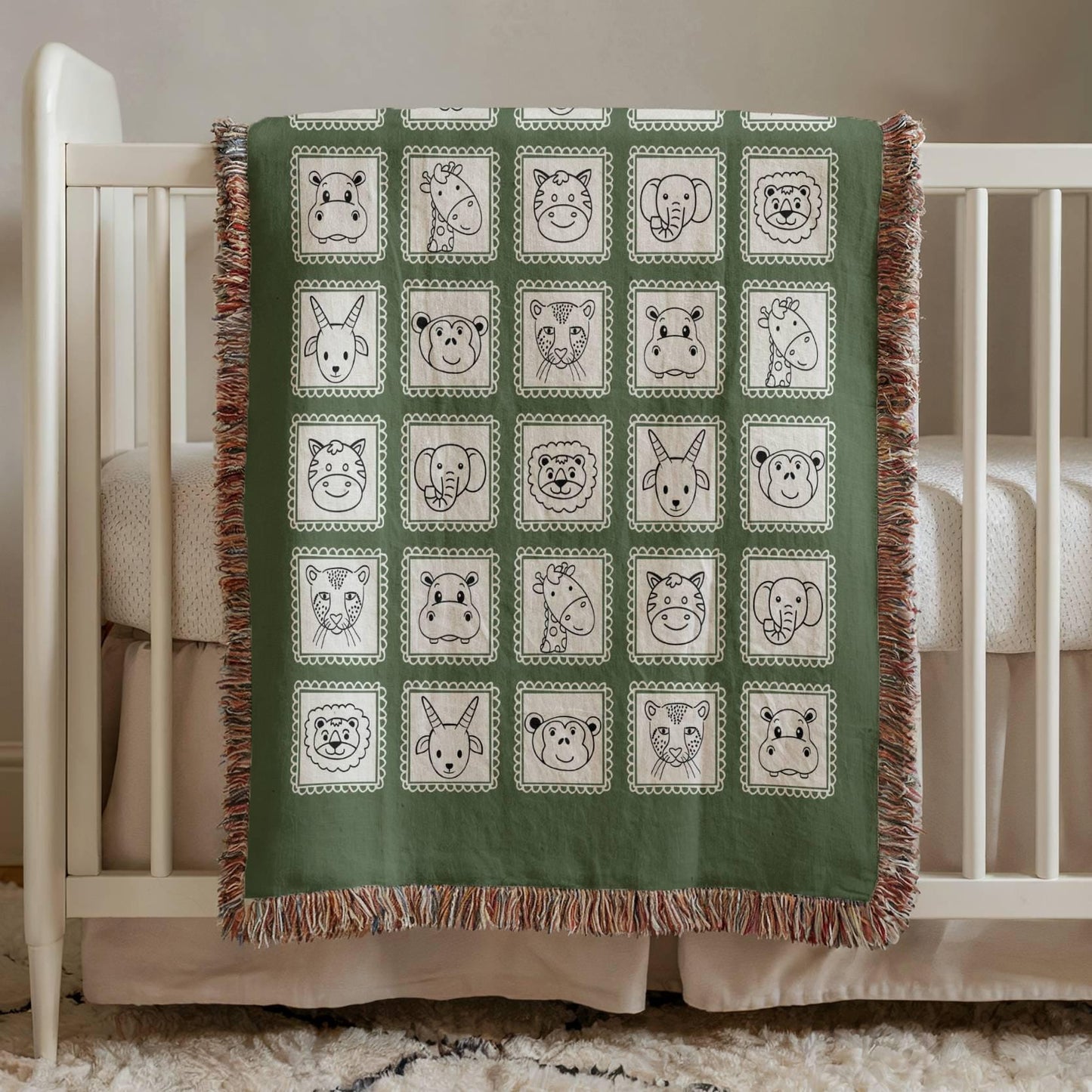 Green Safari Animals Woven Blanket