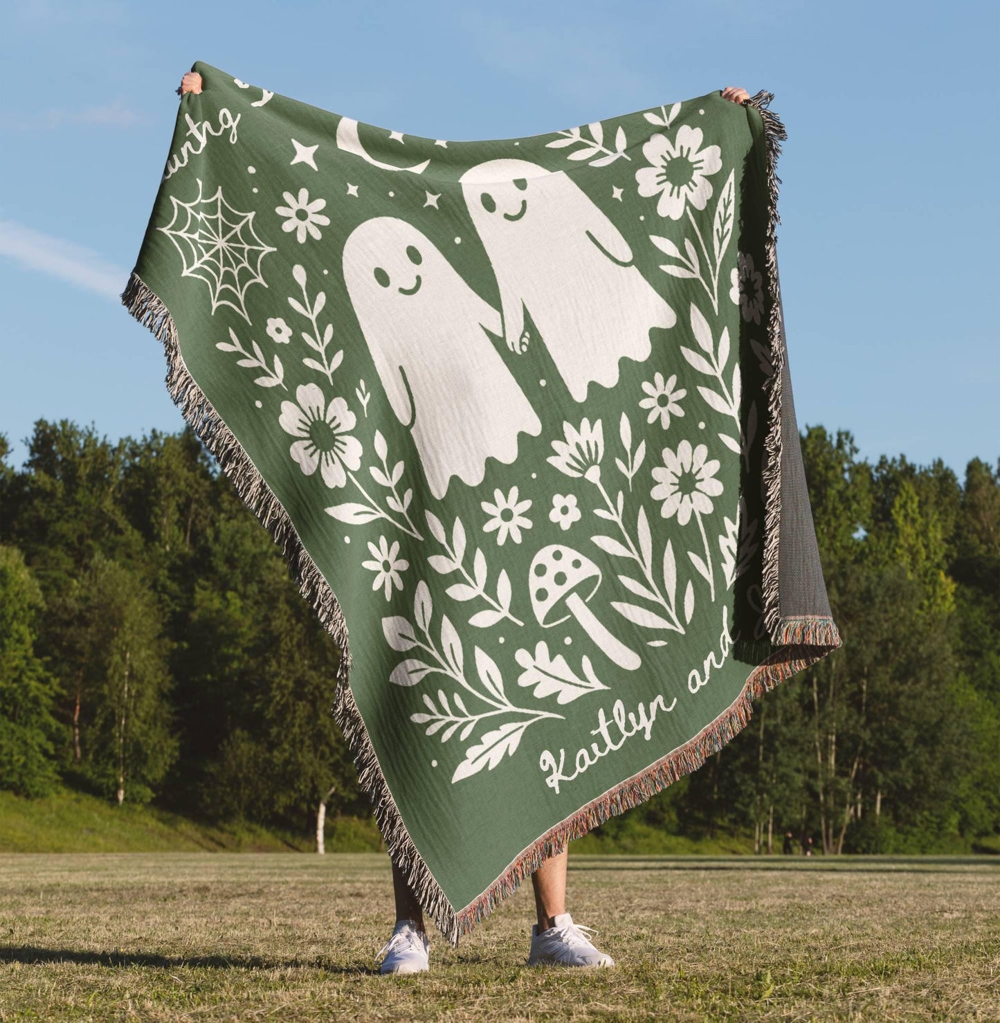 Ghost Couple Green Woven Blanket