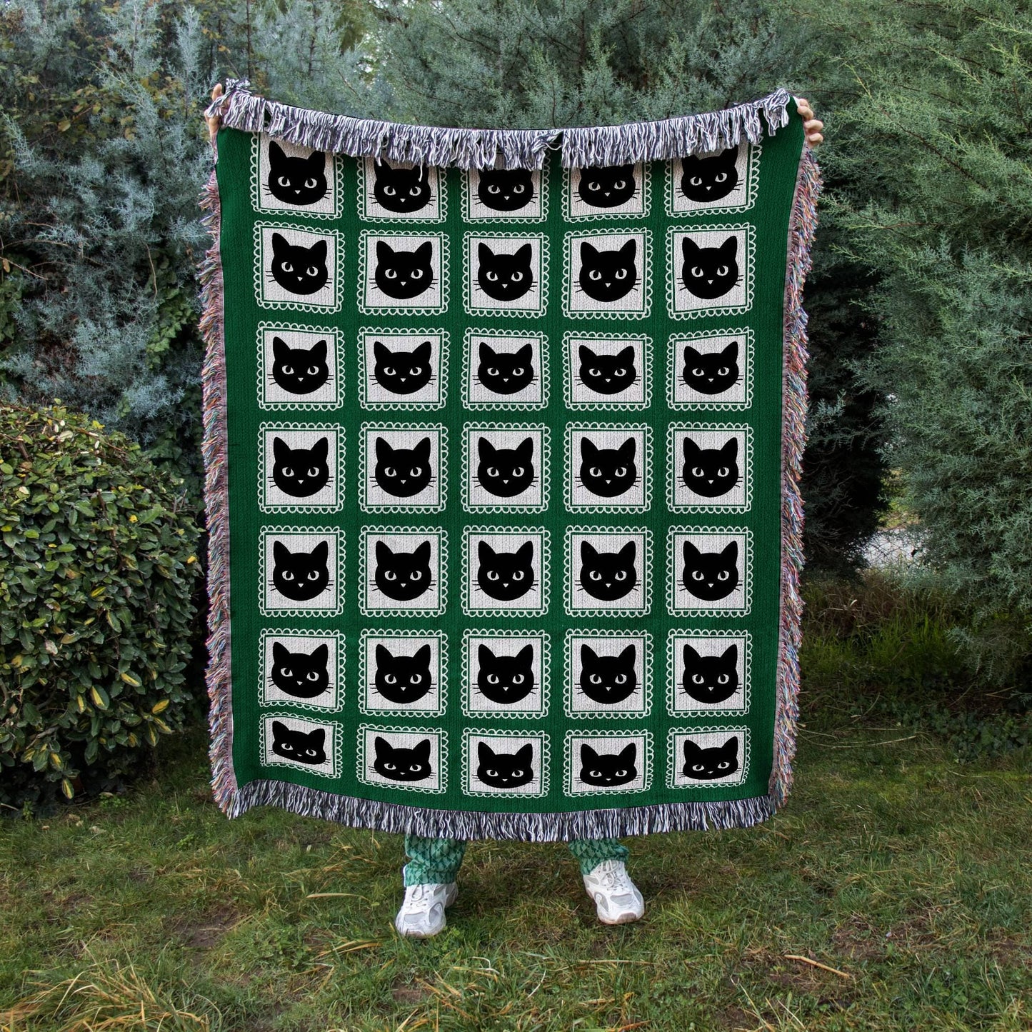 Green Black Cat Woven Blanket