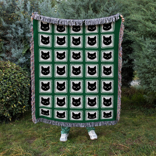 Green Black Cat Woven Blanket