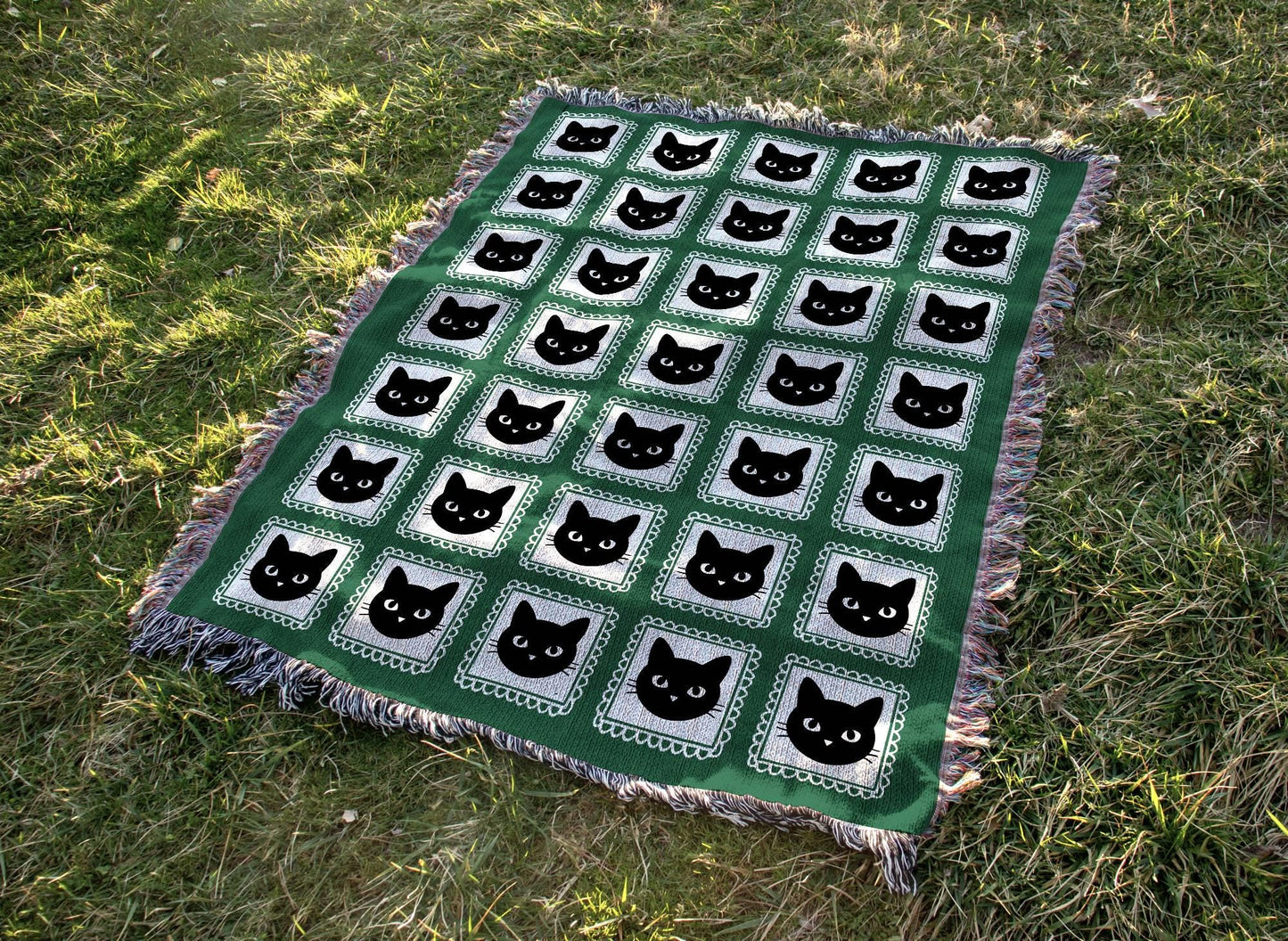 Green Black Cat Woven Blanket