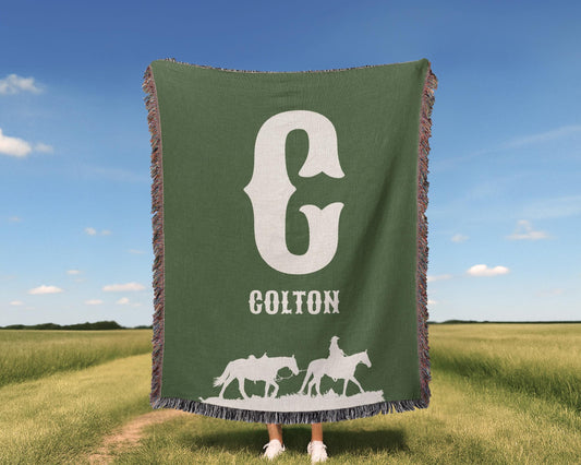 Green Cowboy Initial Woven Blanket