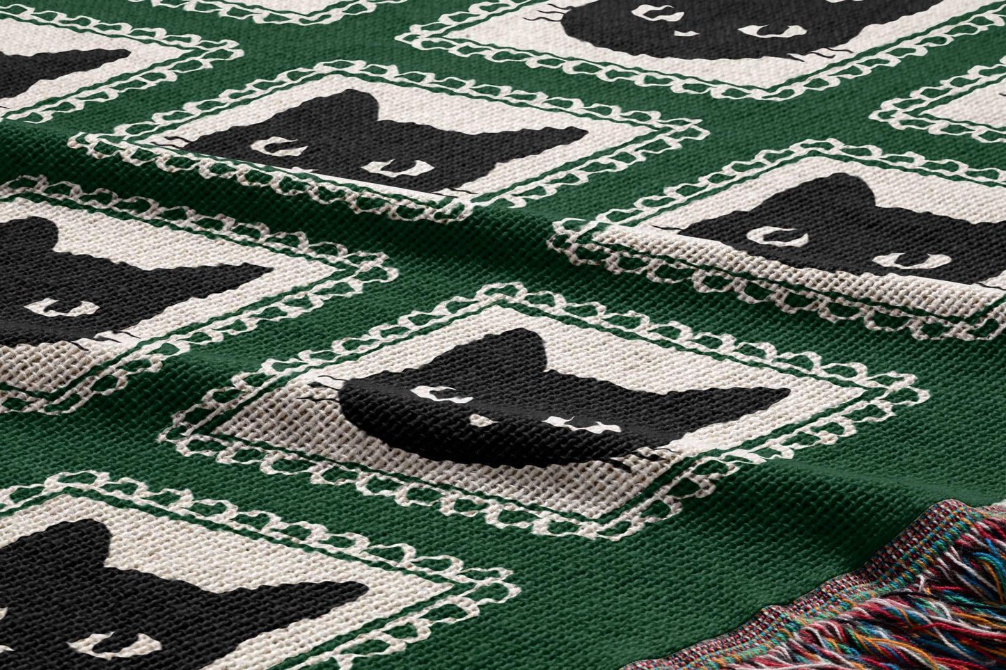 Green Black Cat Woven Blanket