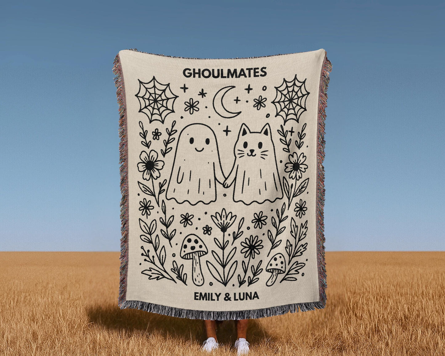 Custom Ghost Cat Ghoulmates Woven Blanket