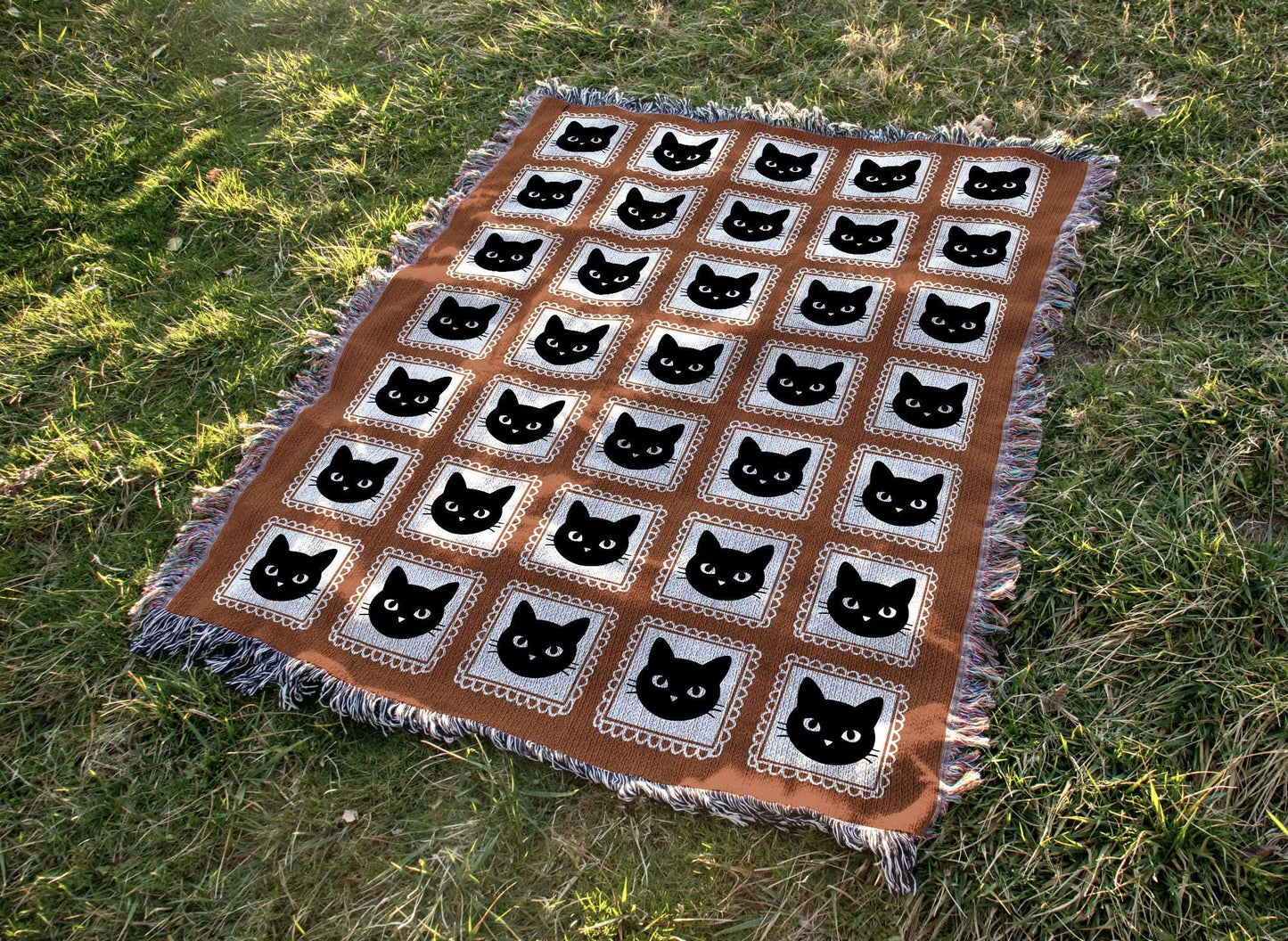 Orange Black Cat Woven Blanket