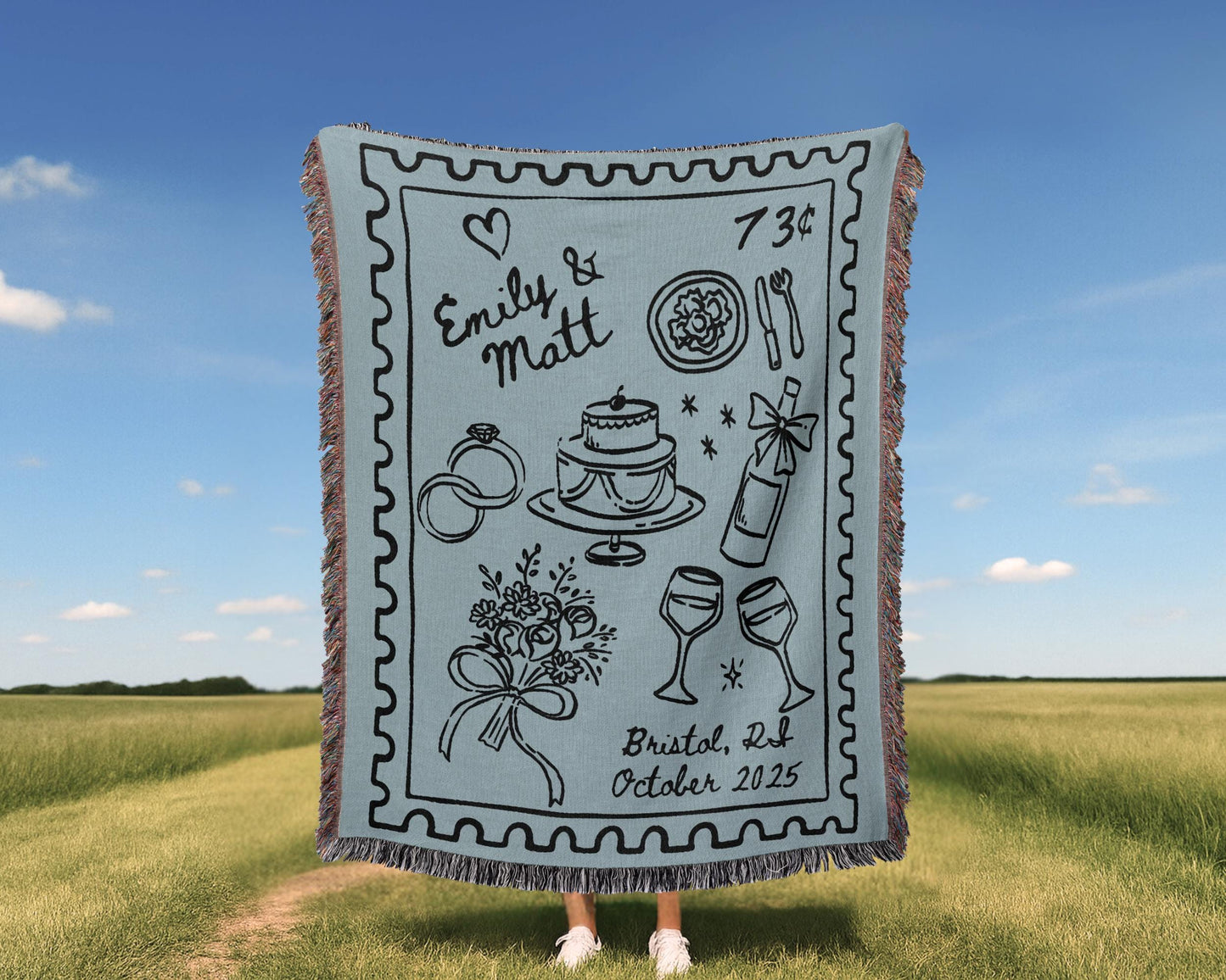 Light Blue Wedding Stamp Woven Blanket