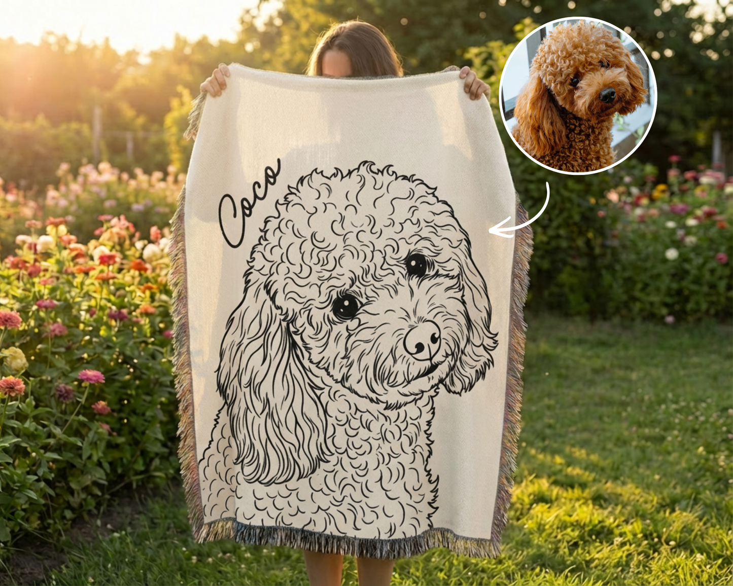 Custom doodle dog portrait memorial blanket held outdoors — personalized woven cotton sympathy gift for pet loss