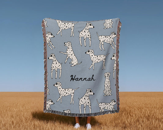 Personalized Dalmatian Dog woven blanket with Blue design for Pet on display