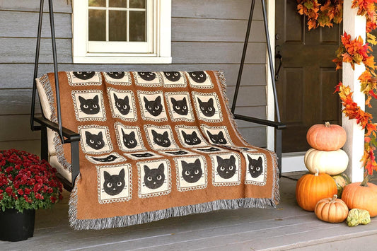 Orange Black Cat Woven Blanket
