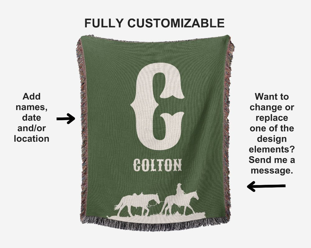 Green blanket with white design and text, featuring customizable options.