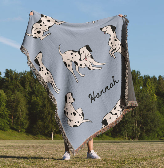 Personalized Dalmatian Dog woven blanket with Blue design for Custom Name on display