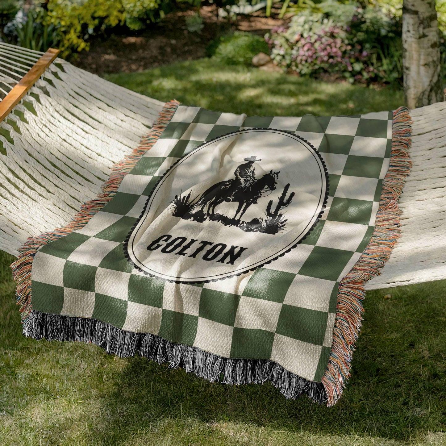 Green Cowboy Nursery Woven Blanket