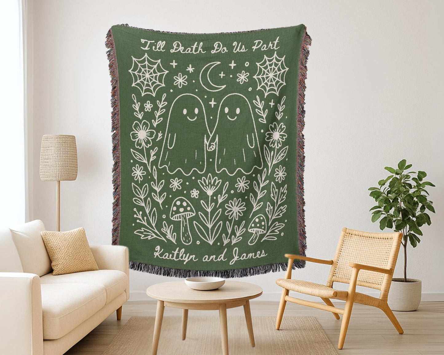 Custom Woven Halloween Blanket with Kawaii Ghost Couple