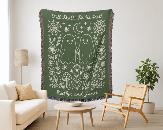 Custom Woven Halloween Blanket with Kawaii Ghost Couple