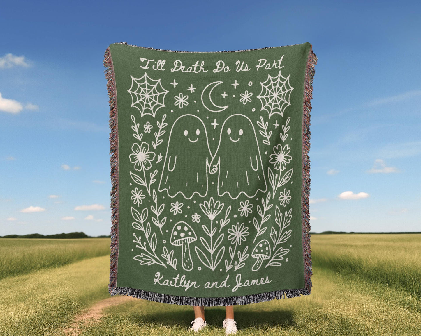 Custom Woven Halloween Blanket with Kawaii Ghost Couple