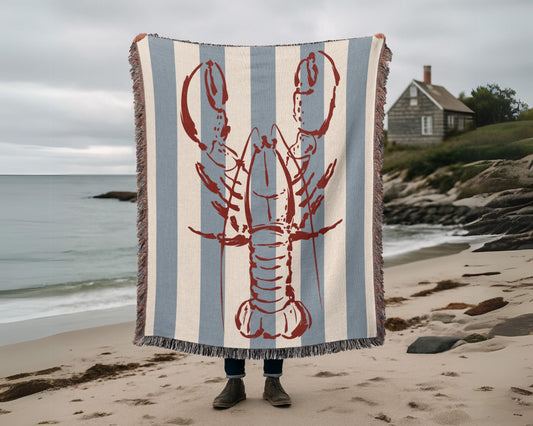 Beach Decor Gift: Lobster Coastal Cottage Blue Woven Blanket with unique design, perfect decorative throw for home decor enthusiasts.