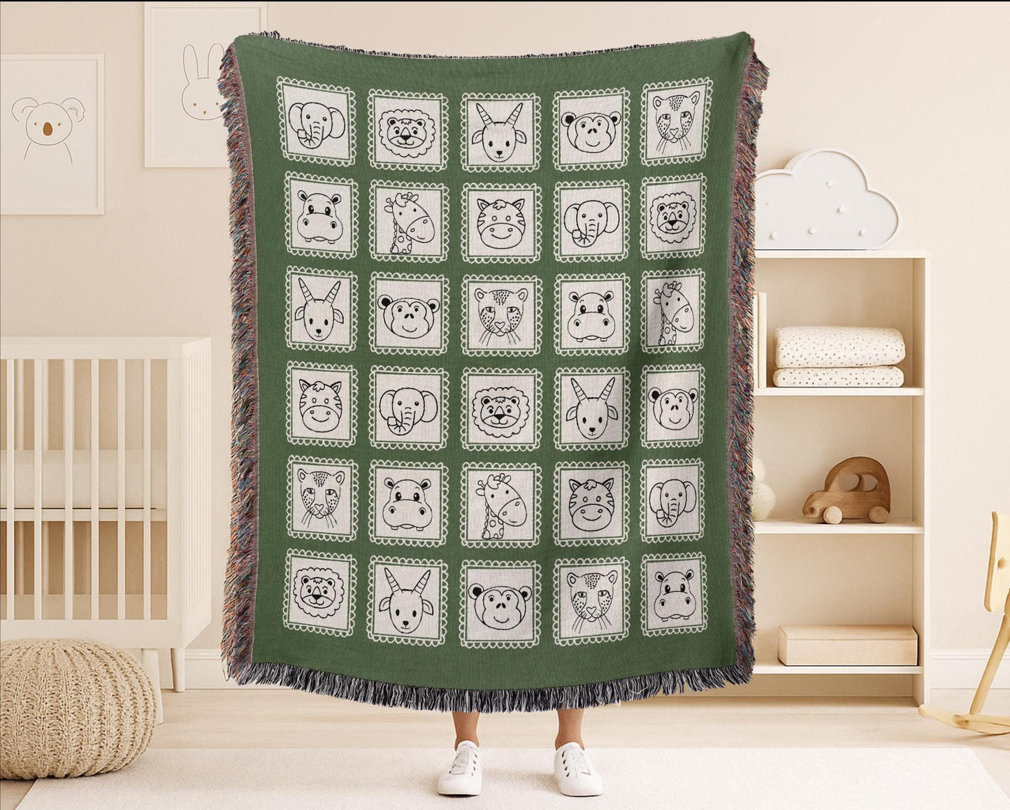 Green Safari Animals Woven Blanket