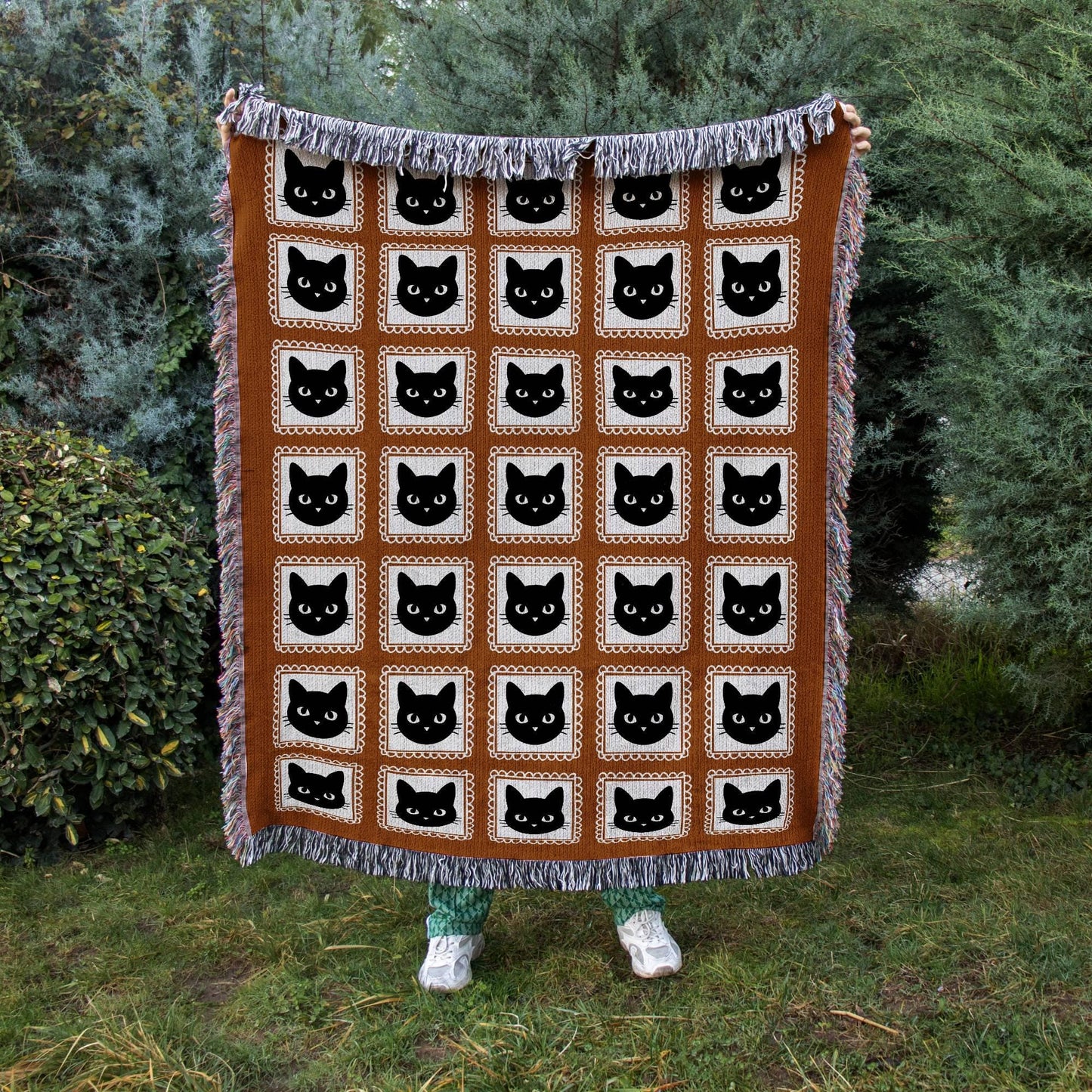 Orange Black Cat Woven Blanket