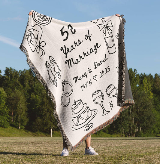 Golden Anniversary Gift: 50th Wedding Woven Blanket featuring Names and Date woven blanket, cozy gift for celebrating love.