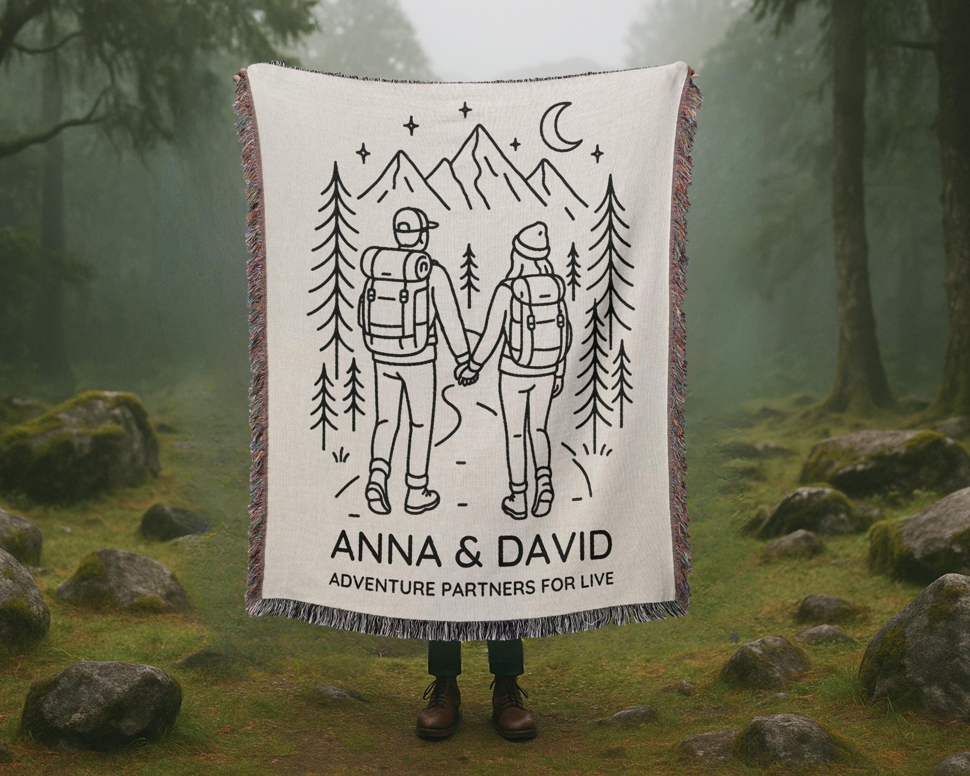 Wedding Gift: Adventure Hiking Themed Woven Blanket featuring detailed artwork, ideal present for enthusiasts and collectors.