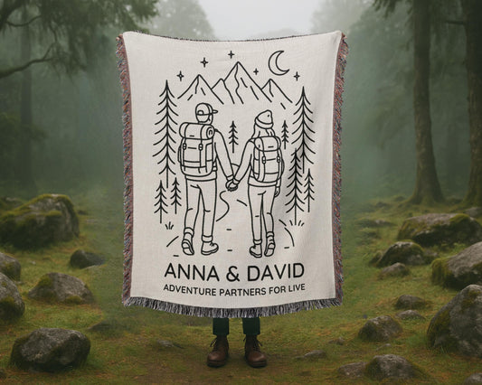 Wedding Gift: Adventure Hiking Themed Woven Blanket featuring detailed artwork, ideal present for enthusiasts and collectors.