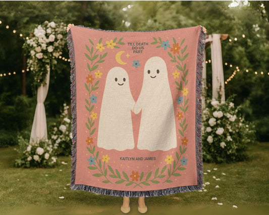 Personalized Halloween Woven Blanket with Cute Kawaii Ghosts