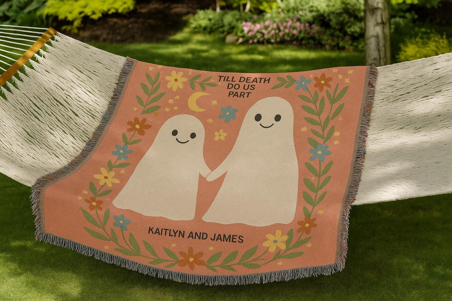 Personalized Halloween Woven Blanket with Cute Kawaii Ghosts