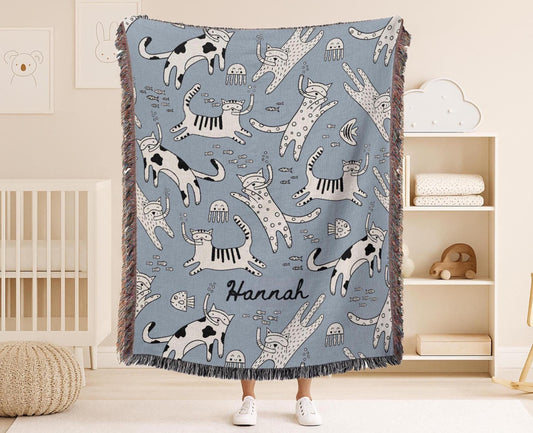 Personalized Cat woven blanket with Blue design for Hand-drawn on display