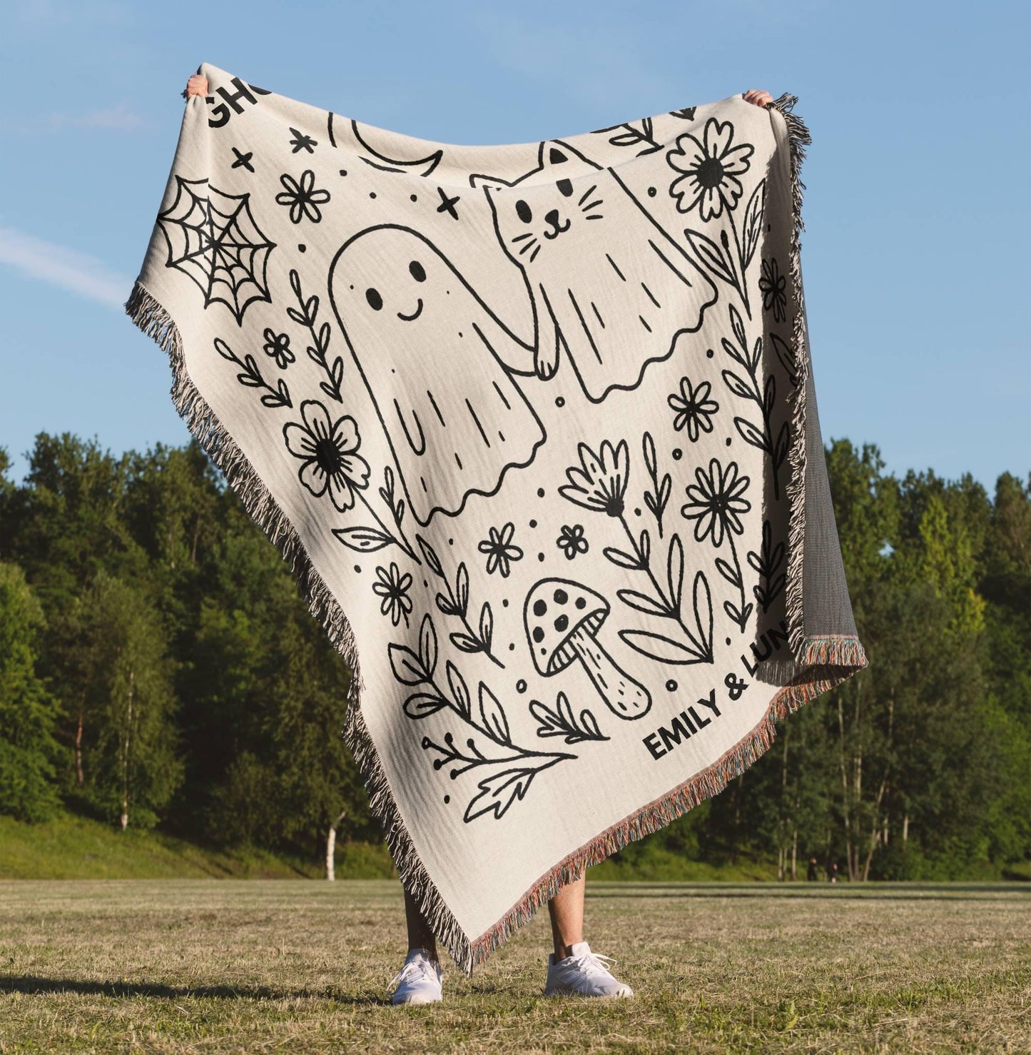 Custom Ghost Cat Ghoulmates Woven Blanket