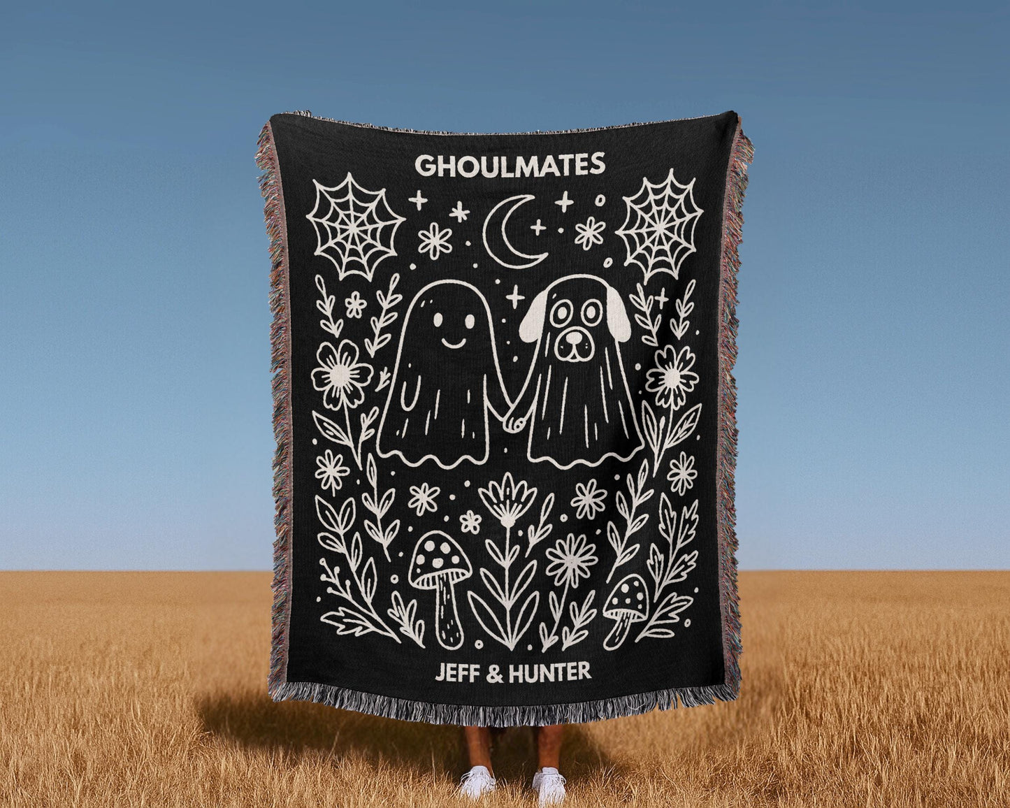 Custom Halloween Woven Blanket with Kawaii Ghost & Dog Ghost “Ghoulmates”