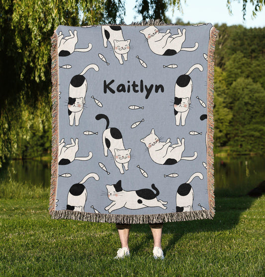 Personalized Kawaii Cat woven blanket with Black and White design for Pet on display