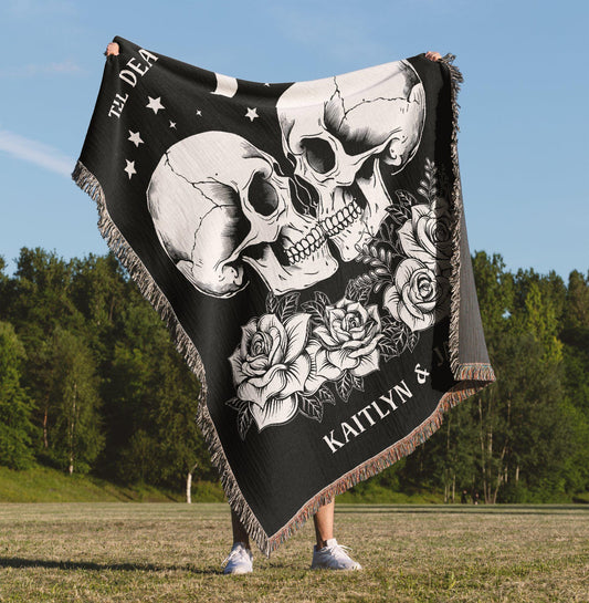 Personalized Gothic Wedding woven blanket with Kissing Skulls design for on display
