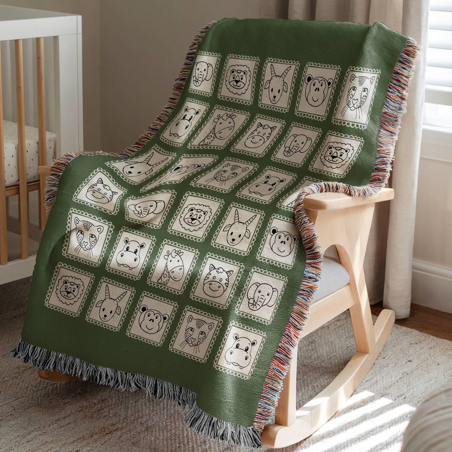Green Safari Animals Woven Blanket