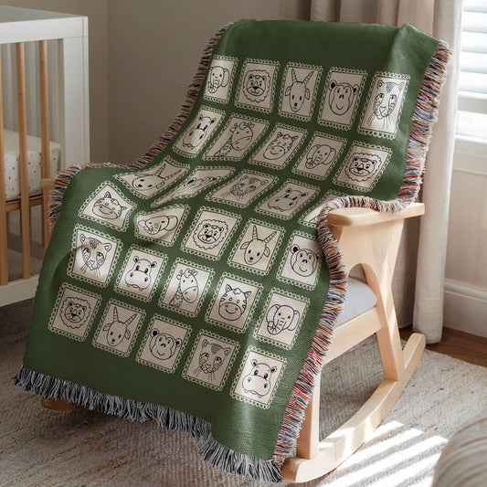 Green Safari Animals Woven Blanket